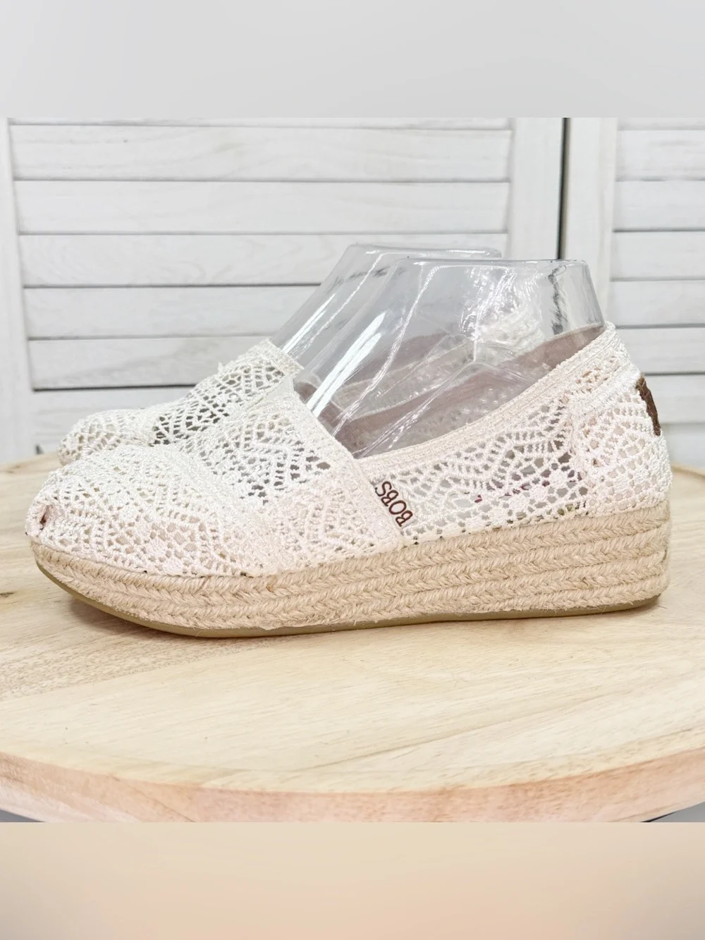 Bobs Skechers Crochet Lace Espadrille Wedge Slip On Shoes Ivory Cream 7 Boho
